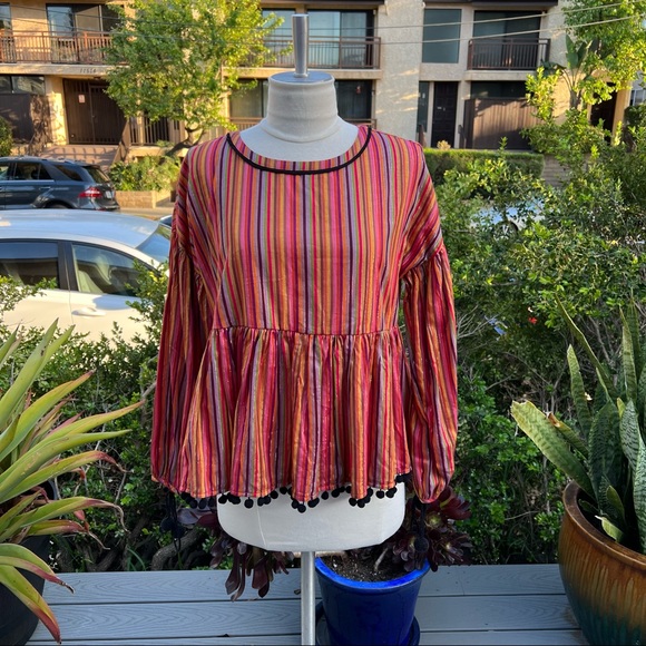 AMARYLLIS Stripe Top Cotton and Lurex Pom Pom Bottom Hem and Sleeve Size XS - Picture 6 of 9